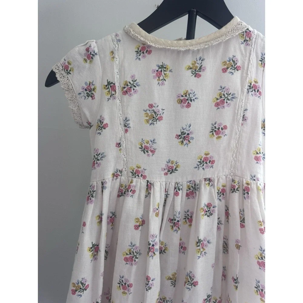 Boden Girls Floral Dress 6-7Y Pink Cottagecore Lace Trim Cotton Linen Blend
